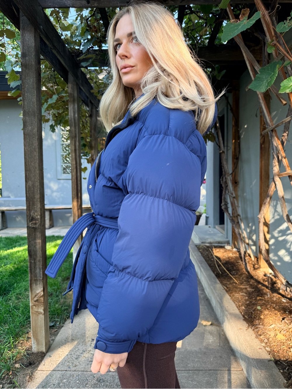 Belted Blue Puffer Jacket - Women's